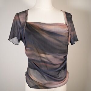 SHEIN Abstract Marble Print Mesh Top L Neck Cowl Neck Sheer Abstract Artsy Y2K
